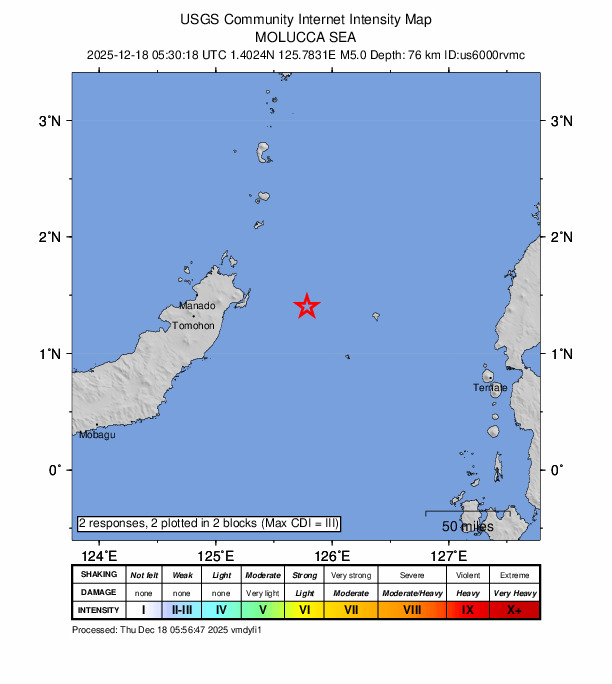 USGS DYFI community-reported intensity map for the M5.0 earthquake near 72 km E of Bitung, Indonesia