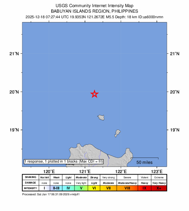 USGS DYFI community-reported intensity map for the M5.5 earthquake near 92 km SW of Basco, Philippines