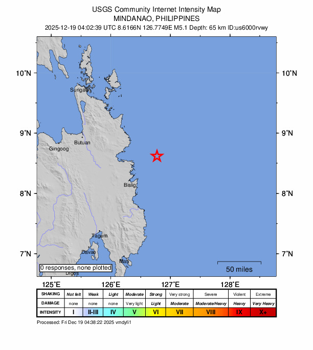 USGS DYFI community-reported intensity map for the M5.2 earthquake near 68 km E of Marihatag, Philippines