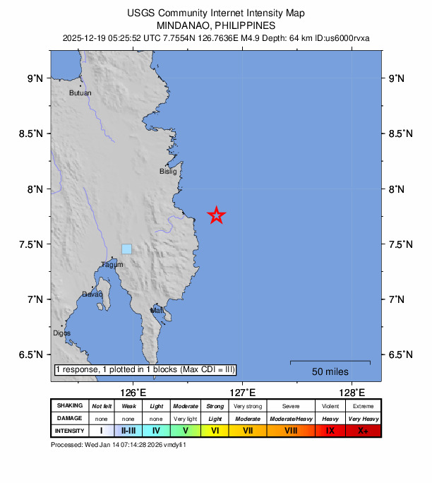 USGS DYFI community-reported intensity map for the M4.9 earthquake near 24 km ENE of Kinablangan, Philippines