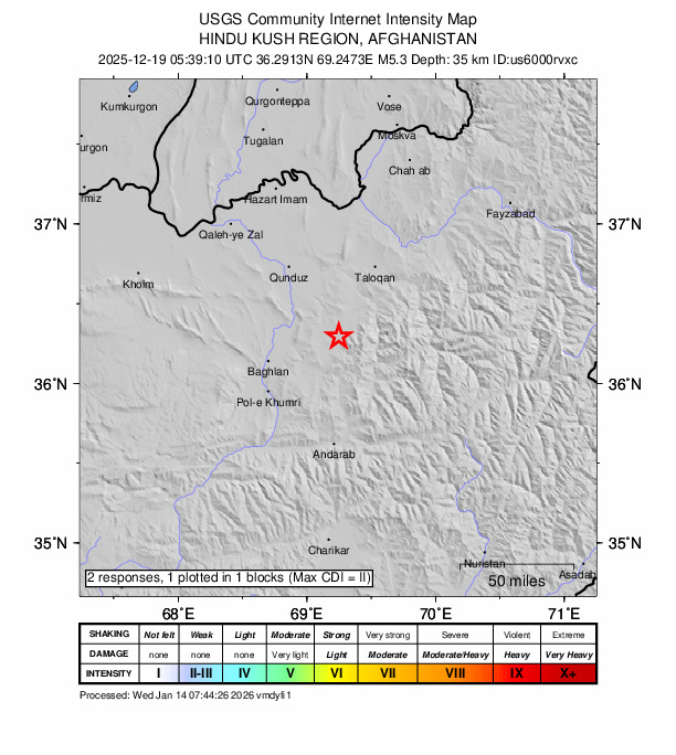 USGS DYFI community-reported intensity map for the M5.3 earthquake near 27 km NNE of Nahrīn, Afghanistan
