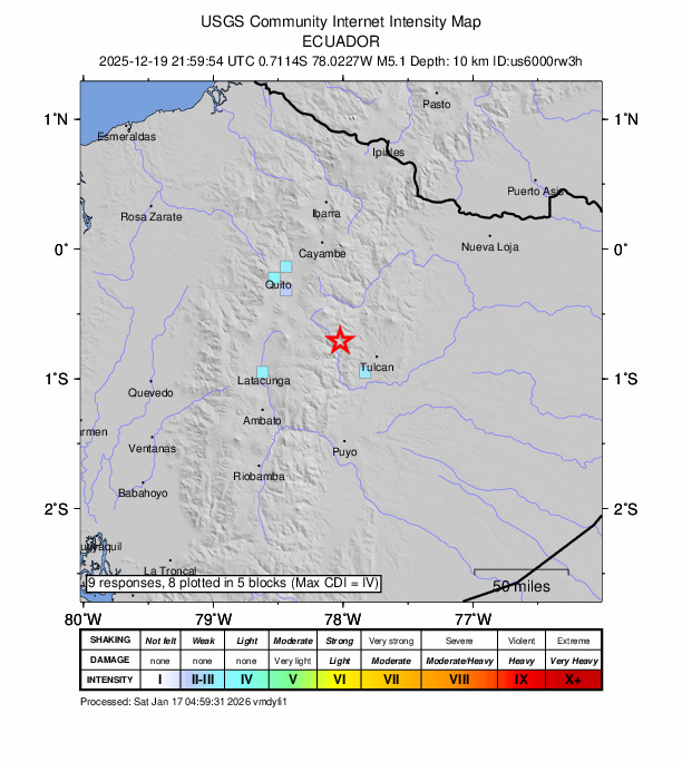 USGS DYFI community-reported intensity map for the M5.1 earthquake near 22 km NW of Archidona, Ecuador