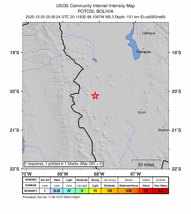 USGS DYFI community-reported intensity map for the M5.3 earthquake near 108 km SSE of Colchane, Chile