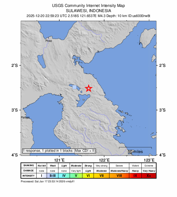 USGS DYFI community-reported intensity map for the M4.3 earthquake near 147 km E of Masamba, Indonesia