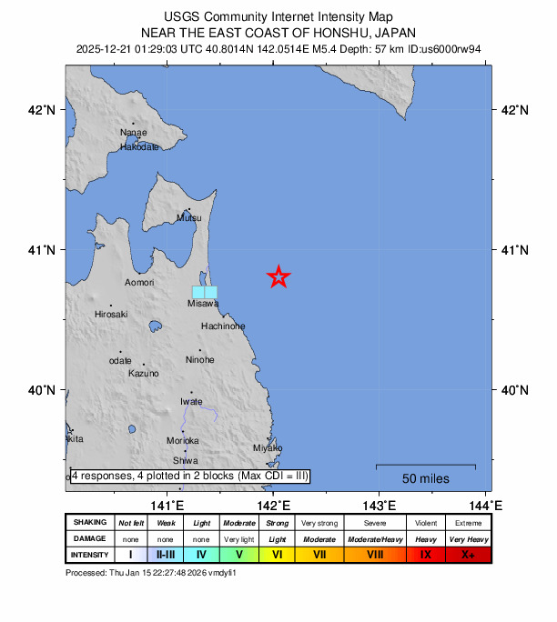 USGS DYFI community-reported intensity map for the M5.4 earthquake near 57 km ENE of Misawa, Japan
