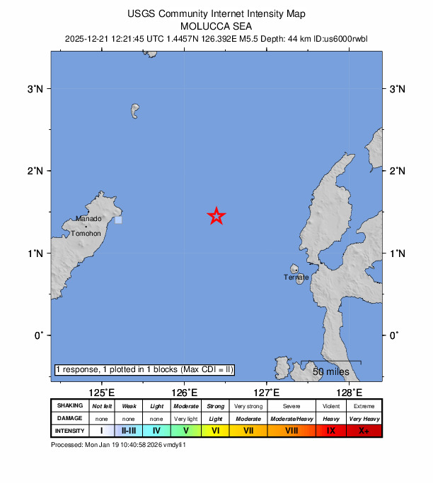 USGS DYFI community-reported intensity map for the M5.5 earthquake near 132 km WNW of Ternate, Indonesia