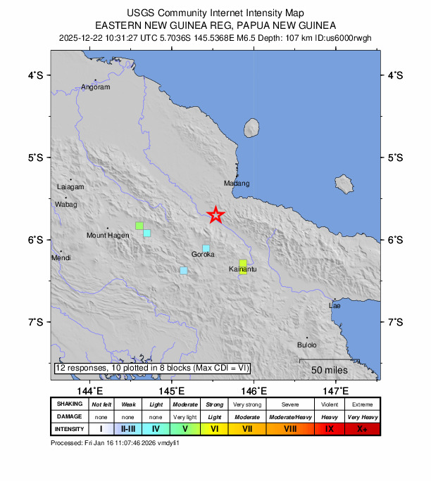 USGS DYFI community-reported intensity map for the M6.5 earthquake near 45 km NNE of Goroka, Papua New Guinea
