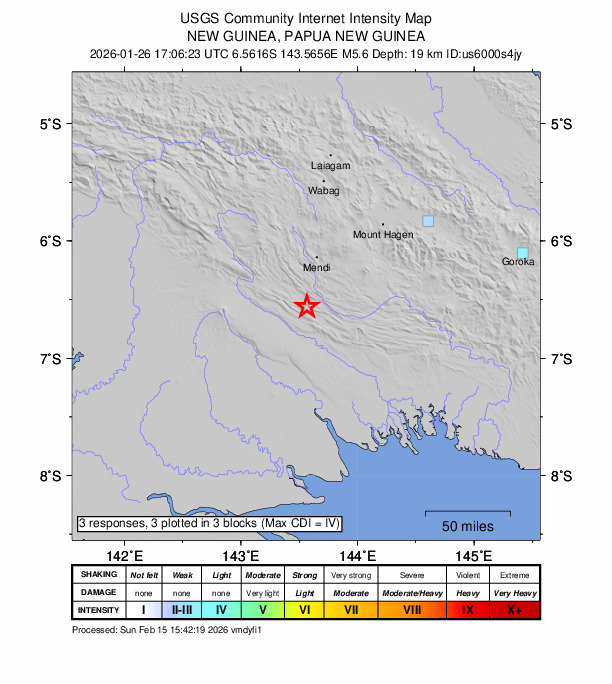 USGS DYFI community-reported intensity map for the M5.6 earthquake near 46 km SSW of Mendi, Papua New Guinea