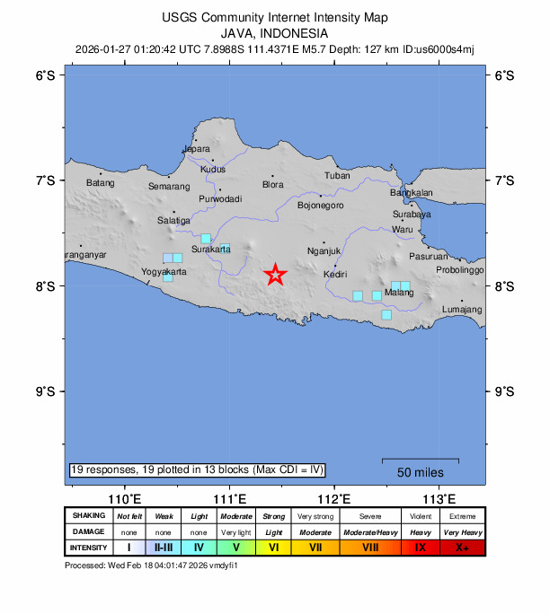 USGS DYFI community-reported intensity map for the M5.7 earthquake near 5 km SW of Ponorogo, Indonesia