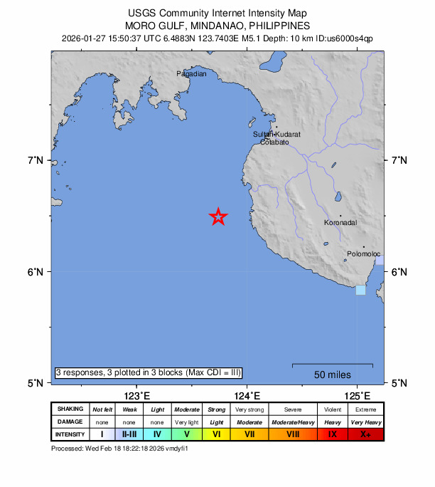 USGS DYFI community-reported intensity map for the M5.1 earthquake near 32 km W of Bantogon, Philippines