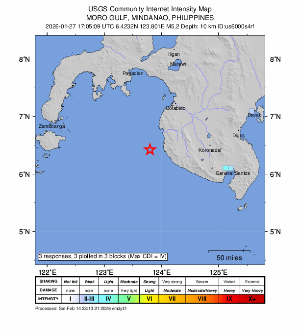 USGS DYFI community-reported intensity map for the M5.2 earthquake near 27 km W of Sangay, Philippines