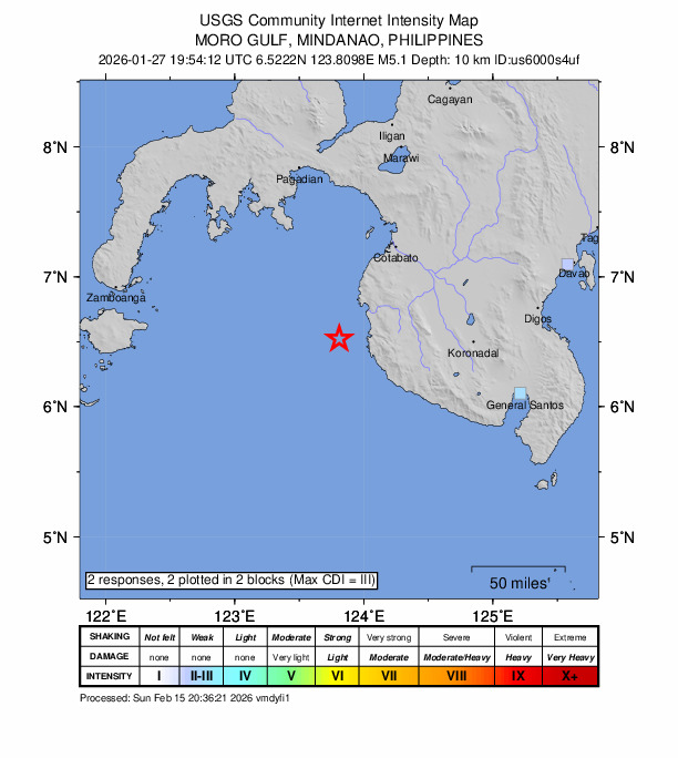 USGS DYFI community-reported intensity map for the M5.1 earthquake near 24 km W of Bantogon, Philippines