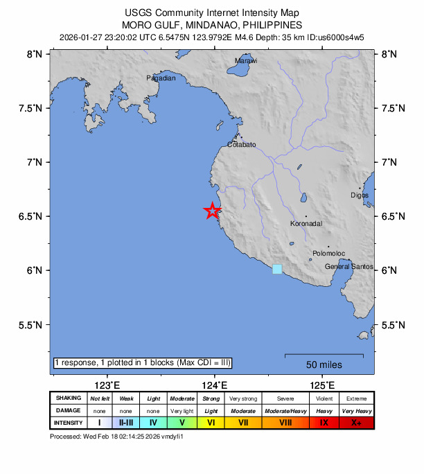 USGS DYFI community-reported intensity map for the M4.6 earthquake near 19 km W of Bantogon, Philippines