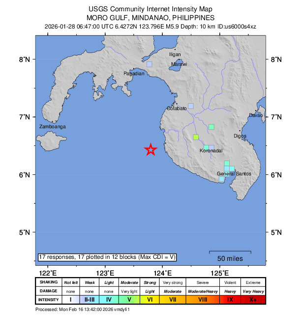 USGS DYFI community-reported intensity map for the M5.9 earthquake near 33 km W of Sangay, Philippines