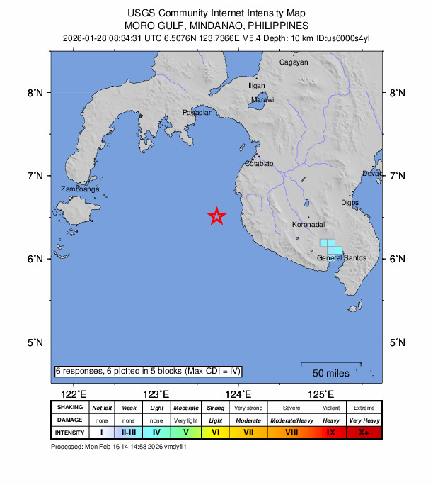 USGS DYFI community-reported intensity map for the M5.4 earthquake near 32 km W of Bantogon, Philippines
