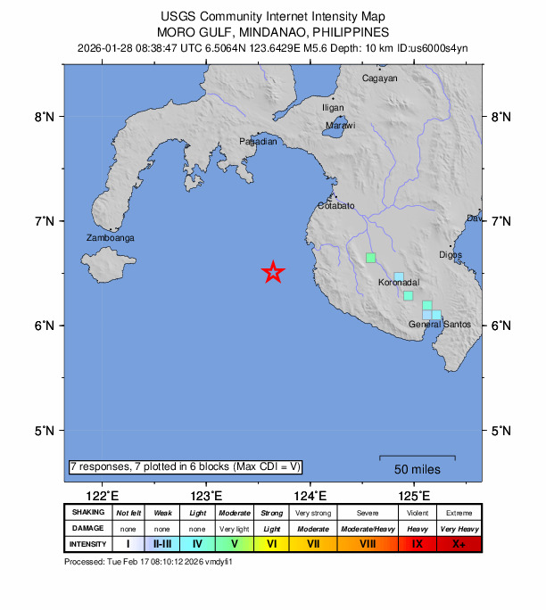 USGS DYFI community-reported intensity map for the M5.6 earthquake near 43 km W of Bantogon, Philippines