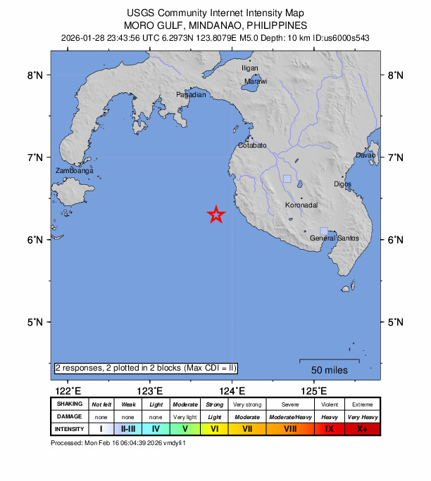 USGS DYFI community-reported intensity map for the M5.0 earthquake near 30 km WSW of Sangay, Philippines