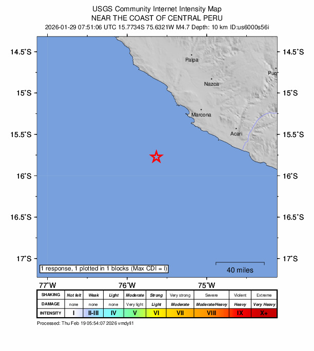 USGS DYFI community-reported intensity map for the M4.7 earthquake near 67 km SW of San Juan, Peru