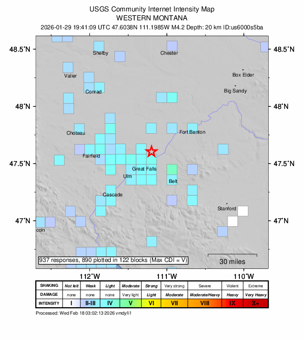 USGS DYFI community-reported intensity map for the M4.2 earthquake near 9 km N of Black Eagle, Montana