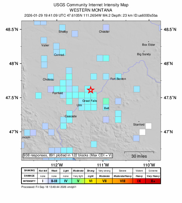 USGS DYFI community-reported intensity map for the M4.2 earthquake near 9 km N of Black Eagle, Montana