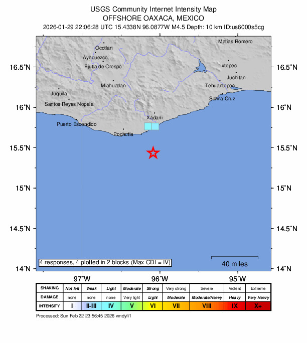 USGS DYFI community-reported intensity map for the M4.5 earthquake near 37 km S of Sector H Tres, Mexico