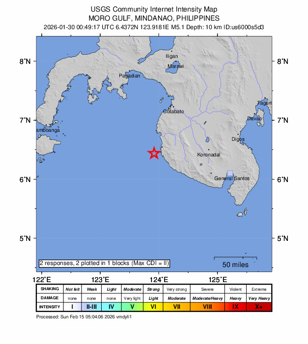 USGS DYFI community-reported intensity map for the M5.1 earthquake near 14 km W of Sangay, Philippines