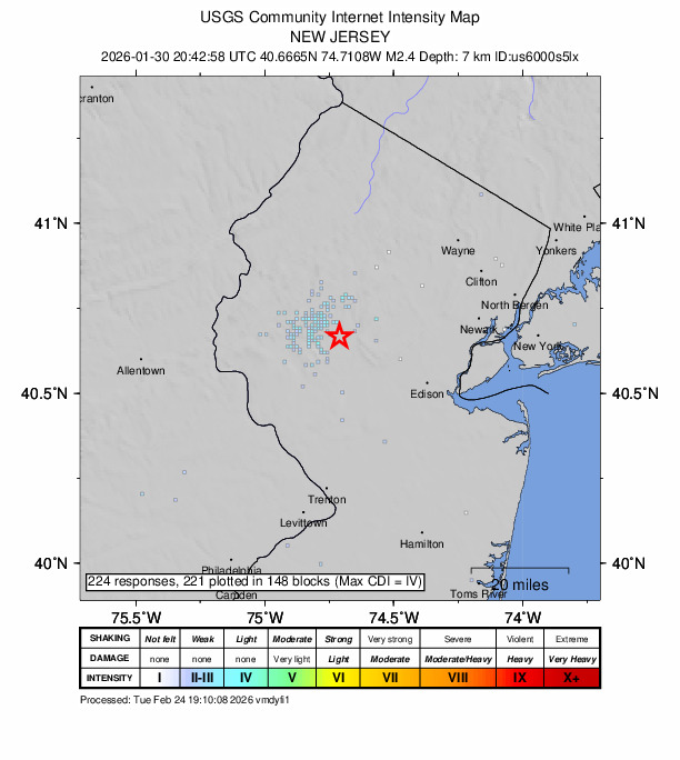 USGS DYFI community-reported intensity map for the M2.4 earthquake near 5 km WSW of Bedminster, New Jersey