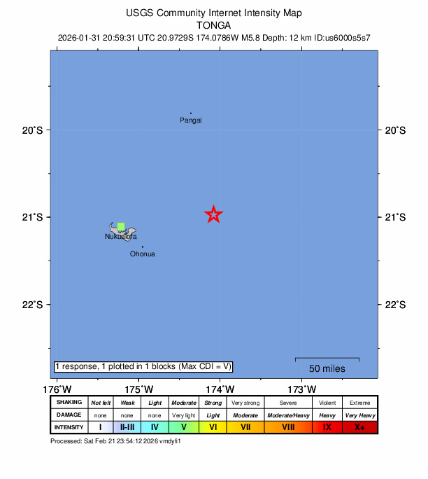 USGS DYFI community-reported intensity map for the M5.8 earthquake near 99 km ENE of ‘Ohonua, Tonga