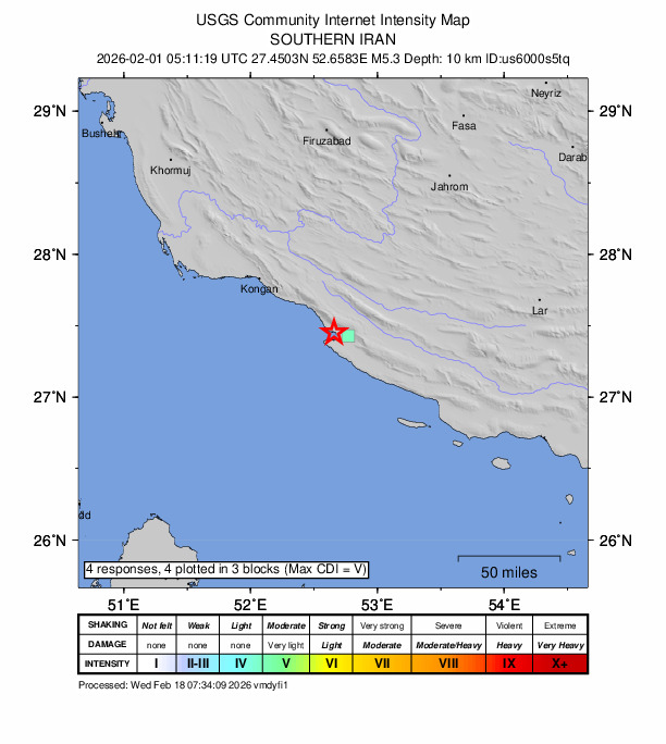 USGS DYFI community-reported intensity map for the M5.3 earthquake near 26 km WSW of Mohr, Iran