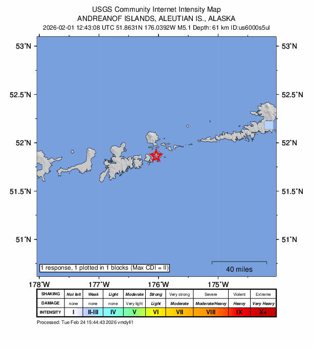 USGS DYFI community-reported intensity map for the M5.1 earthquake near 40 km E of Adak, Alaska