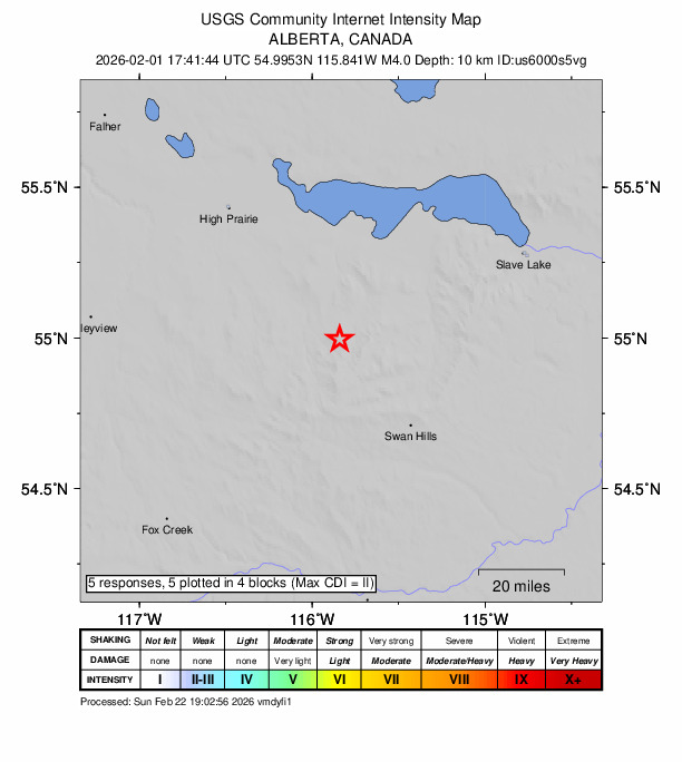 USGS DYFI community-reported intensity map for the M4.0 earthquake near 40 km NW of Swan Hills, Canada