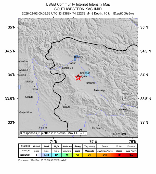 USGS DYFI community-reported intensity map for the M4.8 earthquake near 15 km WNW of Tsrār Sharīf, India