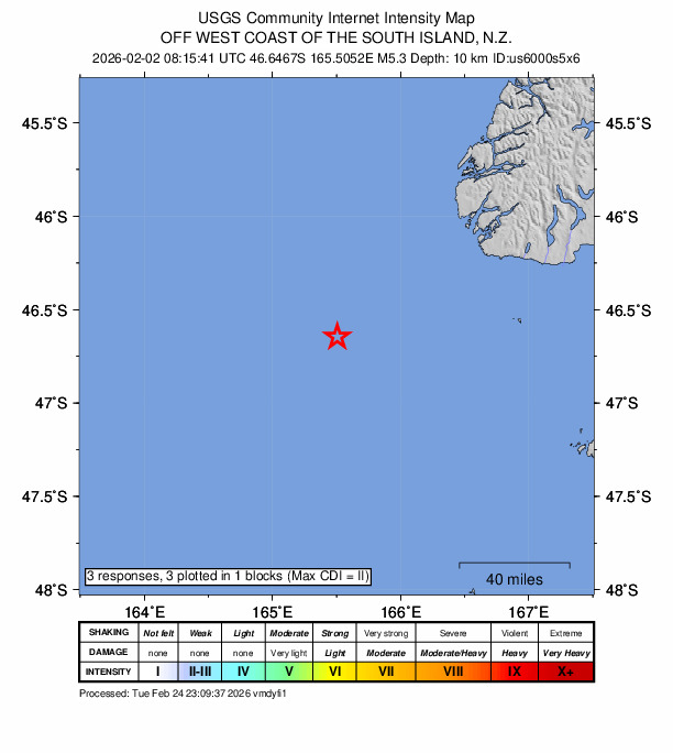 USGS DYFI community-reported intensity map for the M5.3 earthquake near 198 km W of Riverton, New Zealand