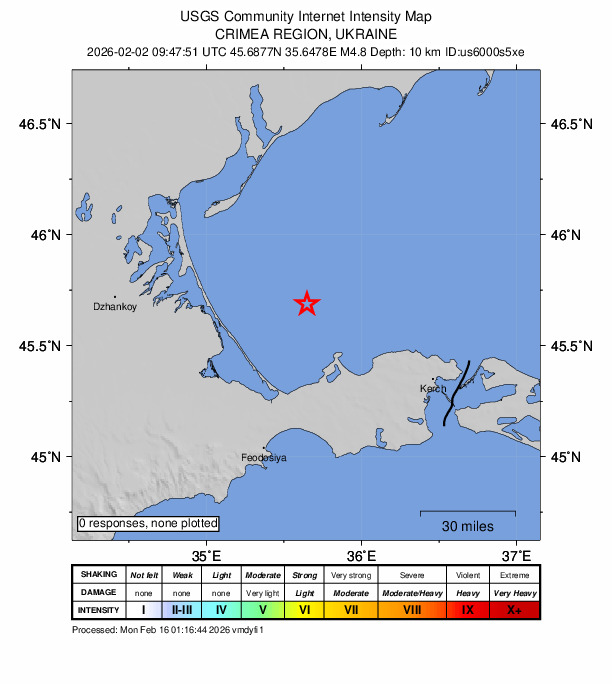 USGS DYFI community-reported intensity map for the M4.8 earthquake near 24 km NW of Mysovoe, Ukraine