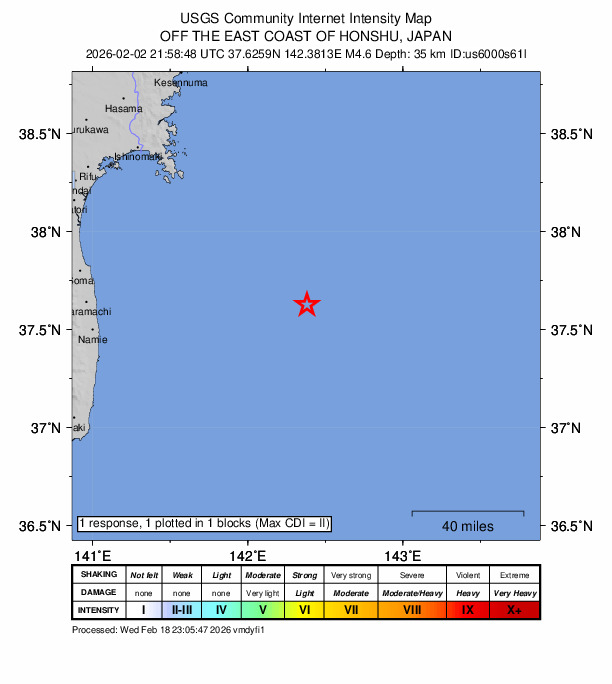 USGS DYFI community-reported intensity map for the M4.3 earthquake near 125 km E of Namie, Japan