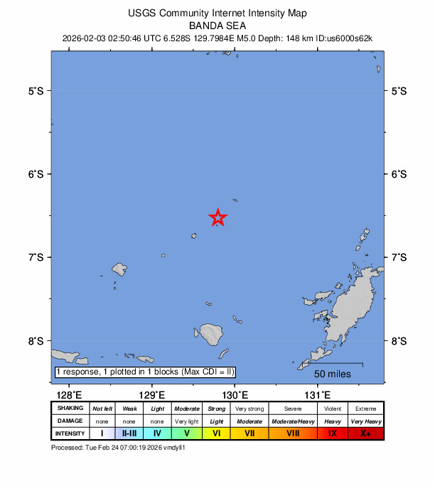 USGS DYFI community-reported intensity map for the M5.0 earthquake near Banda Sea