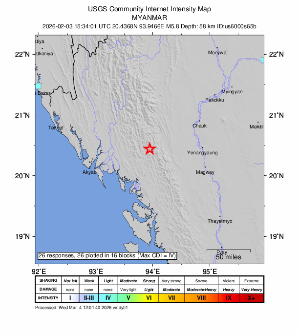 USGS DYFI community-reported intensity map for the M5.8 earthquake near 96 km W of Yenangyaung, Burma (Myanmar)