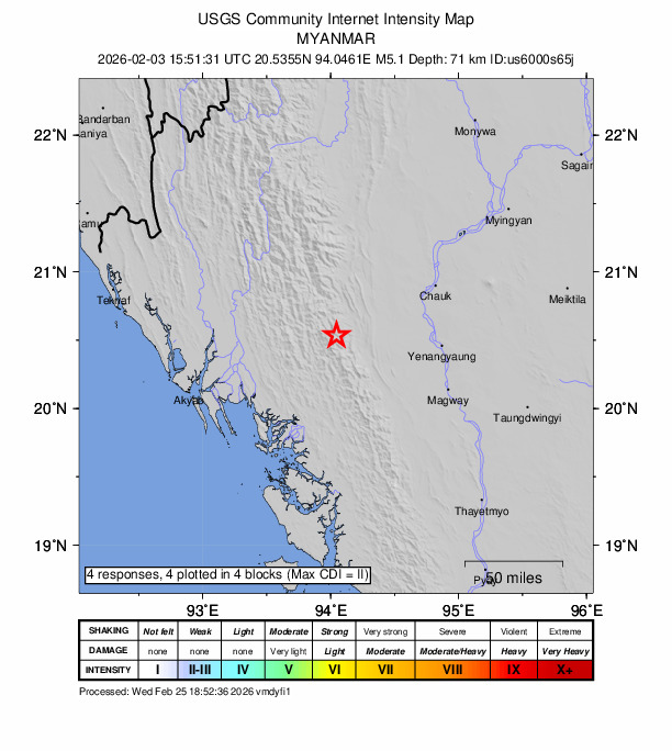 USGS DYFI community-reported intensity map for the M5.1 earthquake near 86 km W of Yenangyaung, Burma (Myanmar)