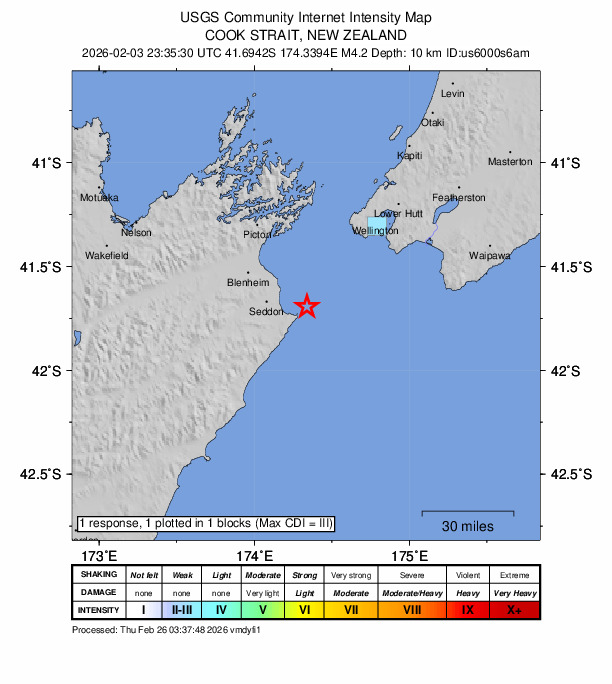 USGS DYFI community-reported intensity map for the M4.0 earthquake near 44 km SE of Witherlea, New Zealand
