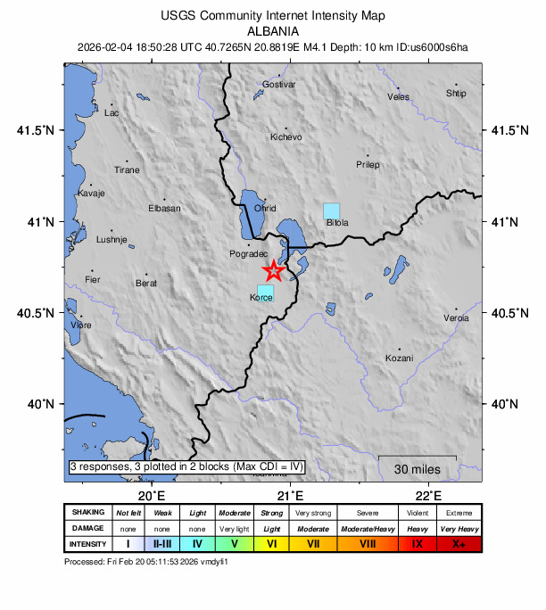 USGS DYFI community-reported intensity map for the M4.1 earthquake near 14 km NW of Bilisht, Albania