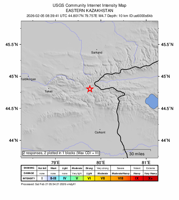 USGS DYFI community-reported intensity map for the M4.7 earthquake near 69 km S of Sarkand, Kazakhstan