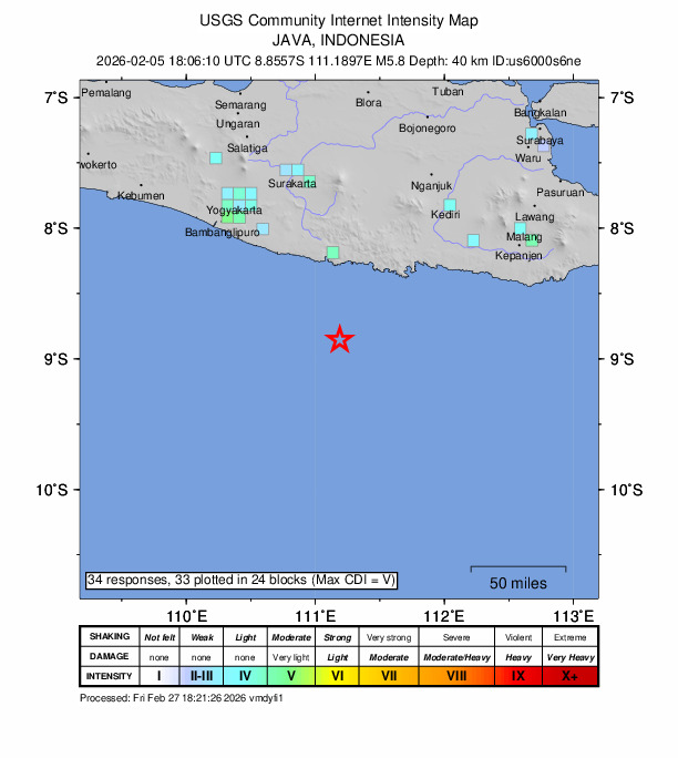 USGS DYFI community-reported intensity map for the M5.8 earthquake near 101 km SSW of Trenggalek, Indonesia