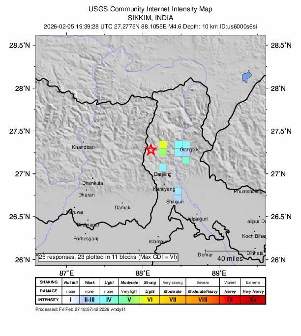 USGS DYFI community-reported intensity map for the M4.6 earthquake near 15 km W of Gyalshing, India