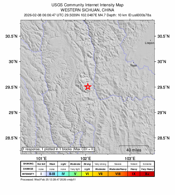 USGS DYFI community-reported intensity map for the M4.7 earthquake near 55 km S of Kangding, China