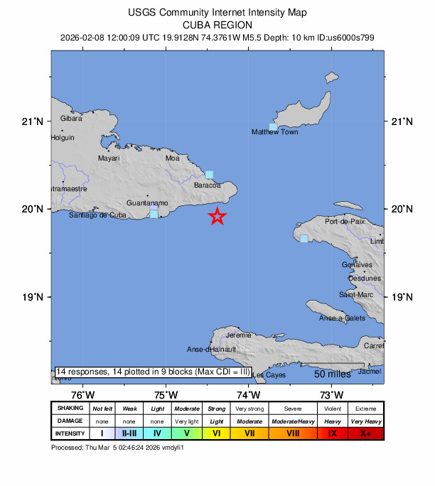 USGS DYFI community-reported intensity map for the M5.5 earthquake near 42 km SSW of Maisí, Cuba