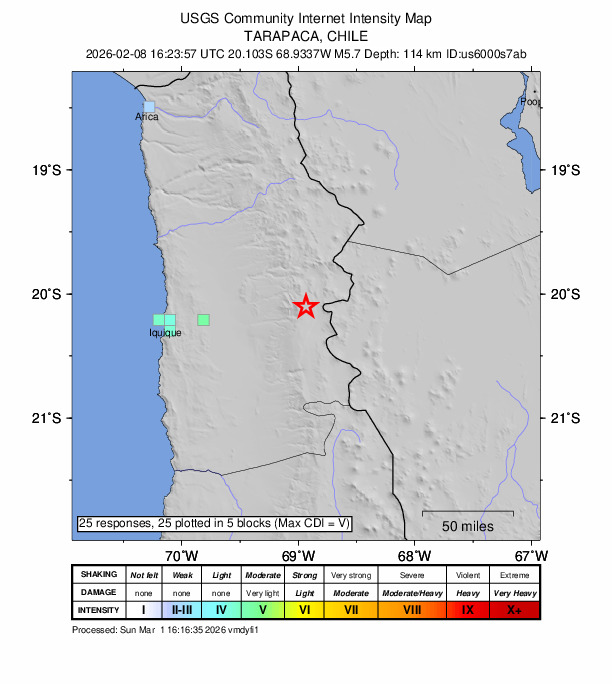USGS DYFI community-reported intensity map for the M5.7 earthquake near 79 km ENE of La Tirana, Chile