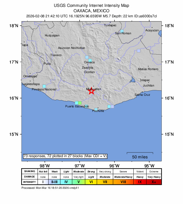USGS DYFI community-reported intensity map for the M5.7 earthquake near 8 km NNE of Santa María Colotepec, Mexico