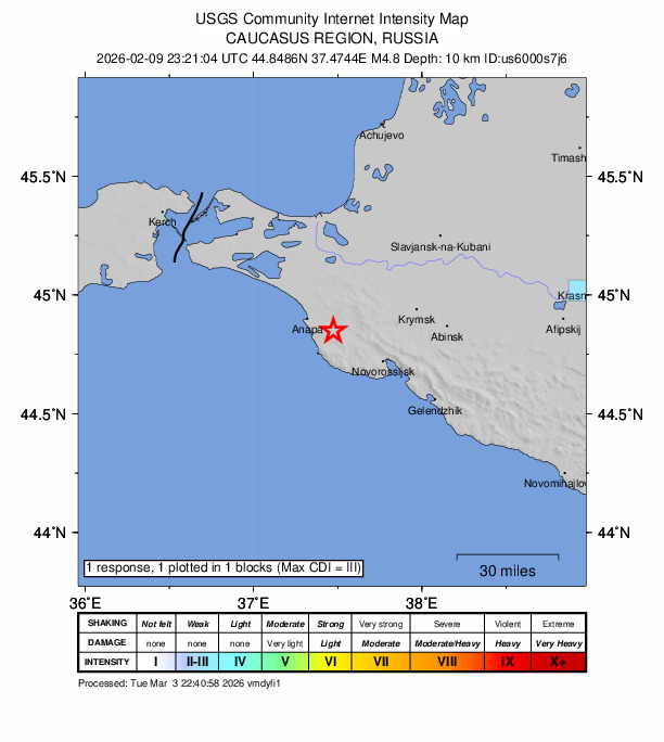 USGS DYFI community-reported intensity map for the M4.8 earthquake near 6 km WNW of Rayevskaya, Russia