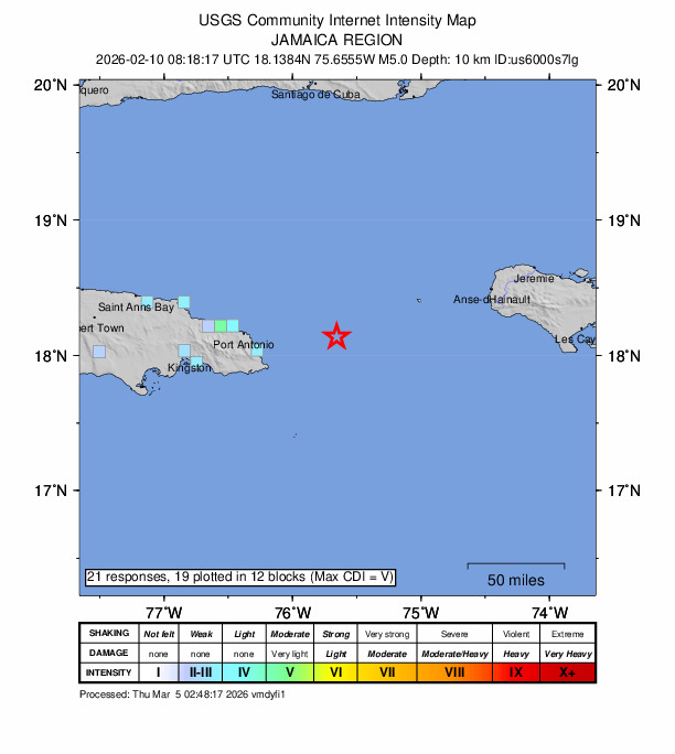 USGS DYFI community-reported intensity map for the M5.0 earthquake near 78 km ENE of Manchioneal, Jamaica