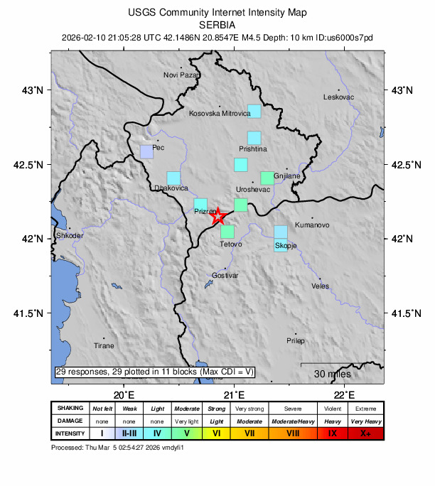 USGS DYFI community-reported intensity map for the M4.5 earthquake near 11 km SE of Prizren, Kosovo